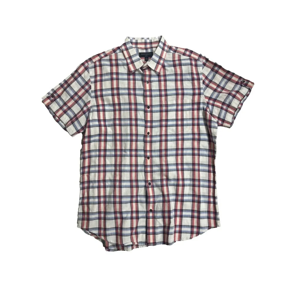 Banana Republic Shirt Mens Large White Plaid Short Sleeve Slim Fit